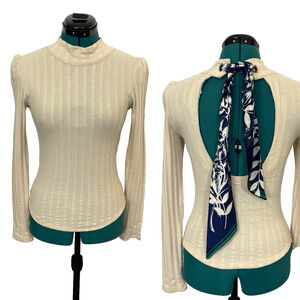 Free People Party in the Back Top Ribbed Knit Open Back w/ Scarf Tie Ivory Small
